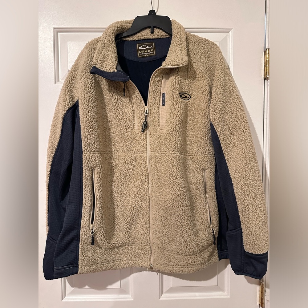 Drake Waterfowl Men's Oatmeal/Navy Sherpa Fleece Layering Jacket XL
